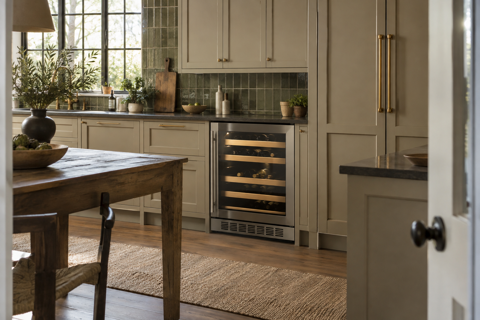 Illustrative Monogram wine cooler in a residential kitchen — AI image for Viking Repair Easton