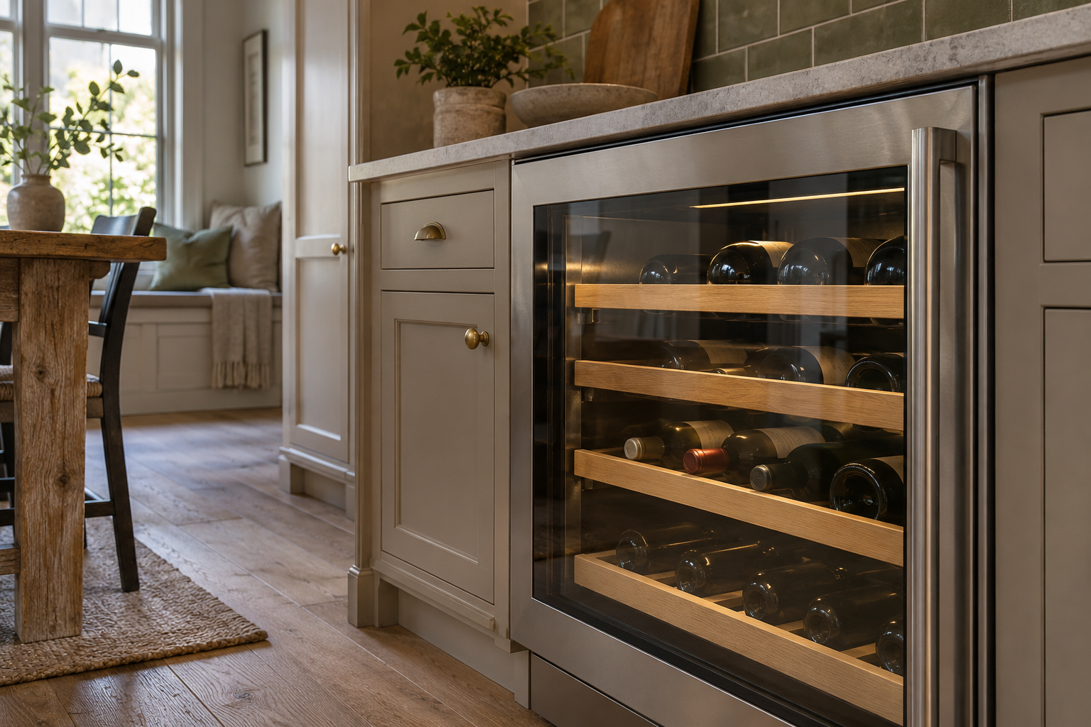 Illustrative Monogram wine cooler in a residential kitchen — AI image for Viking Repair Easton