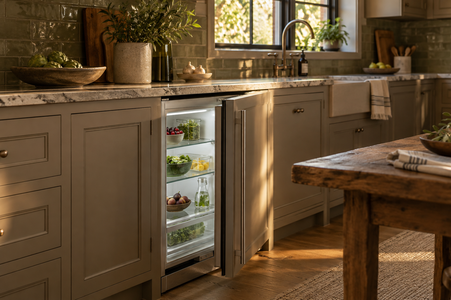 Illustrative Sub-Zero undercounter refrigerator in a residential kitchen — AI image for Viking Repair Easton
