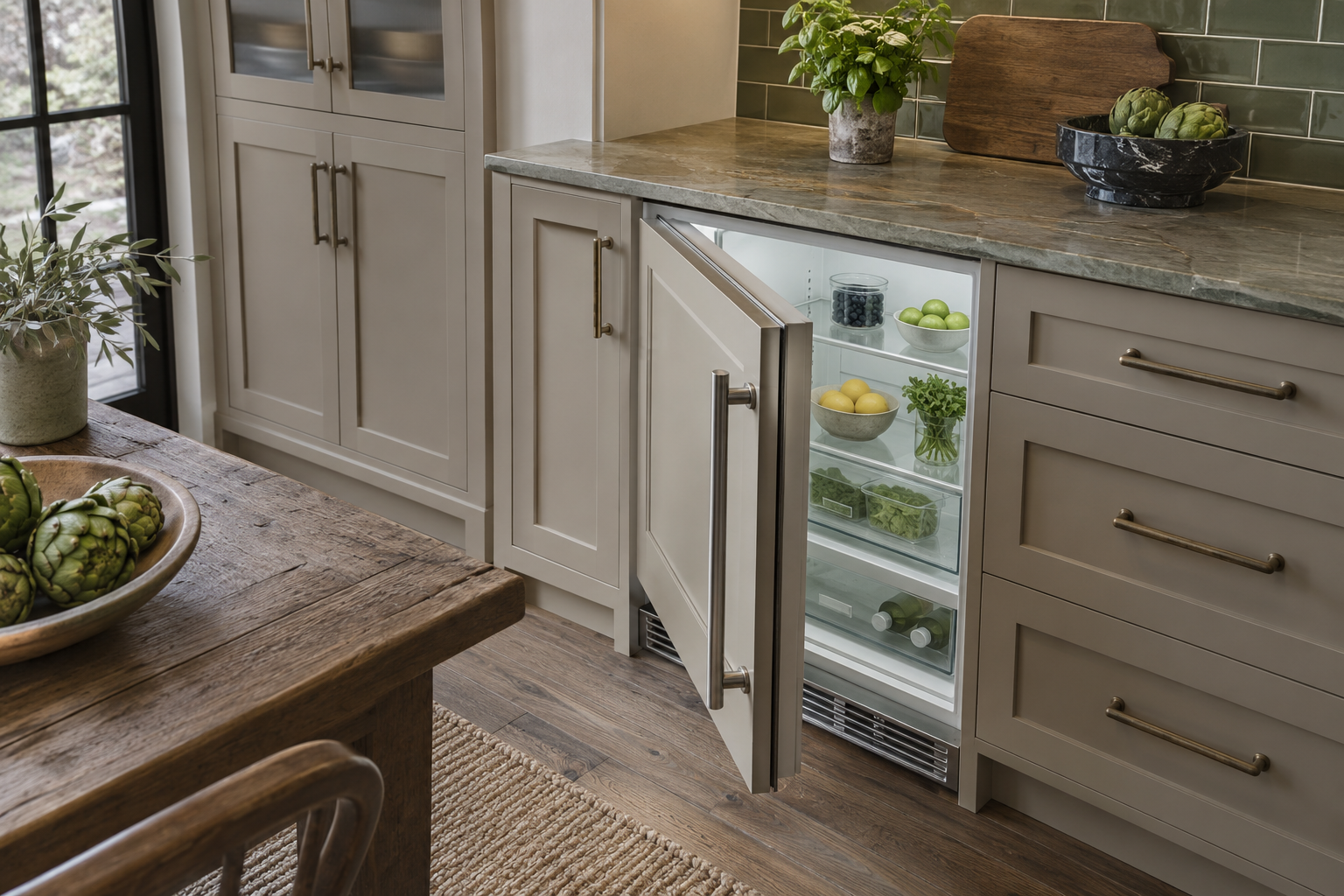 Illustrative Sub-Zero undercounter refrigerator in a residential kitchen — AI image for Viking Repair Easton