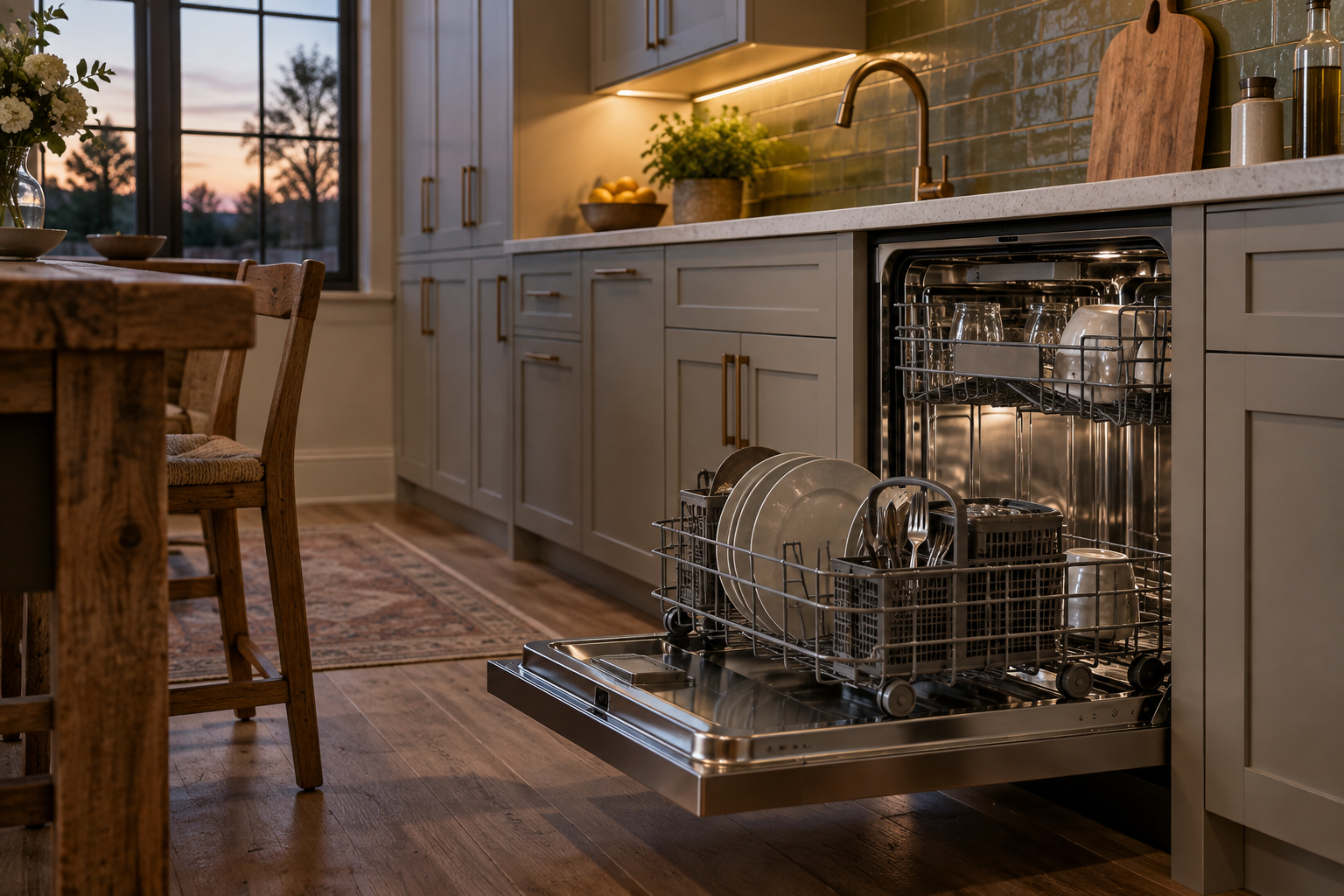 Illustrative Thermador dishwasher in a residential kitchen — AI image for Viking Repair Easton