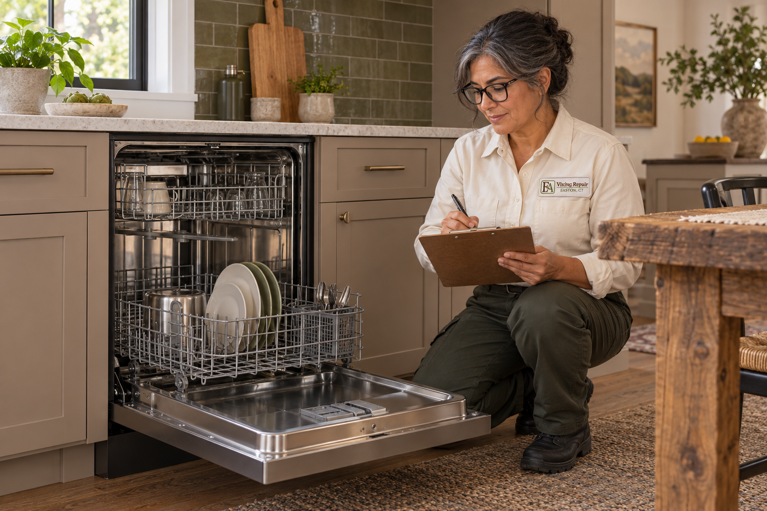 Fictional technician beside a Thermador dishwasher — AI illustration for Viking Repair Easton