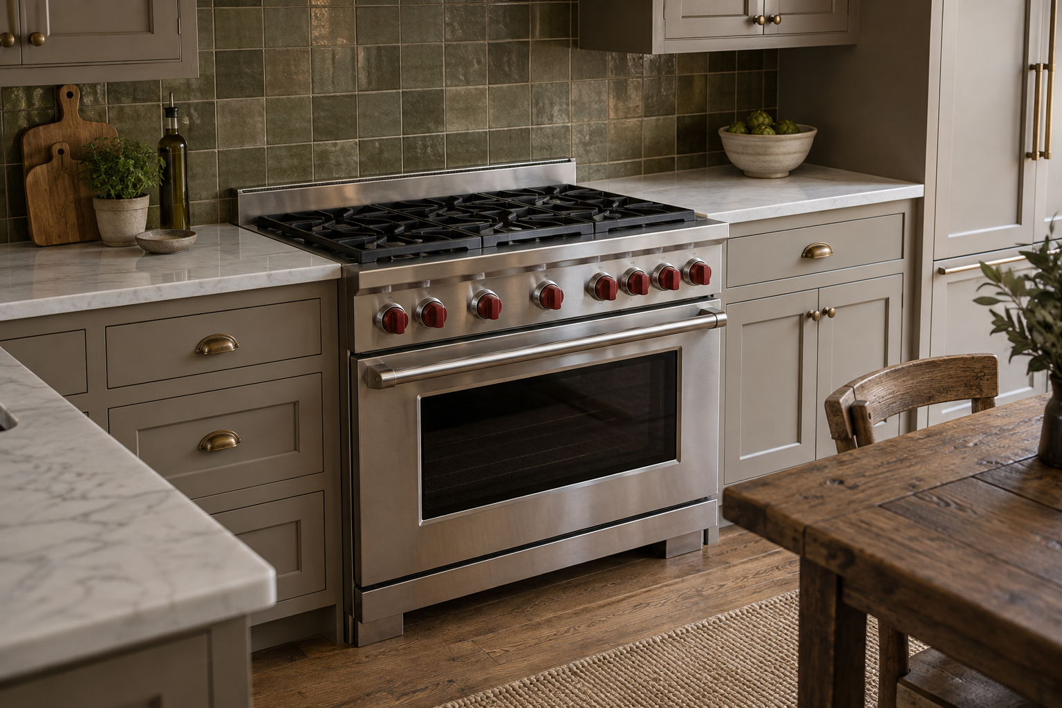 Illustrative Wolf range in a residential kitchen — AI image for Viking Repair Easton