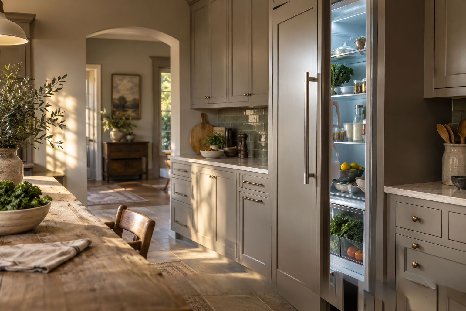 Illustrative Monogram refrigerator in a residential kitchen — AI image for Viking Repair Easton